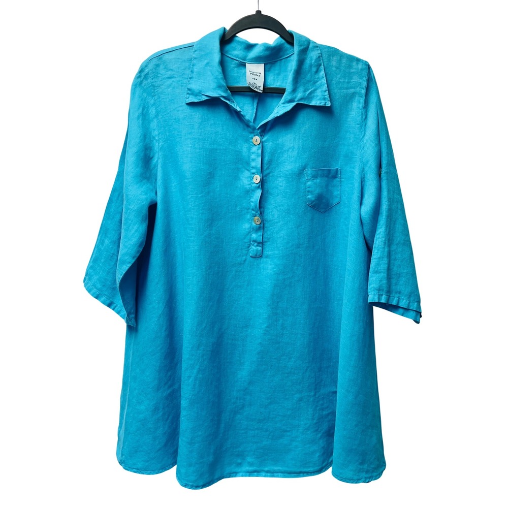 Match Point Linen Tunic Top M Turquoise Blue Boho Flowy Lagenlook Beachy Resort